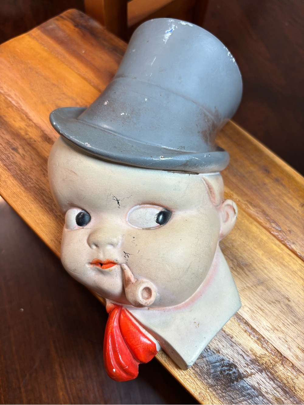 Vintage Kitschy String Holder Boy w Top Hat and Pipe in his mouth 40s 50s decor